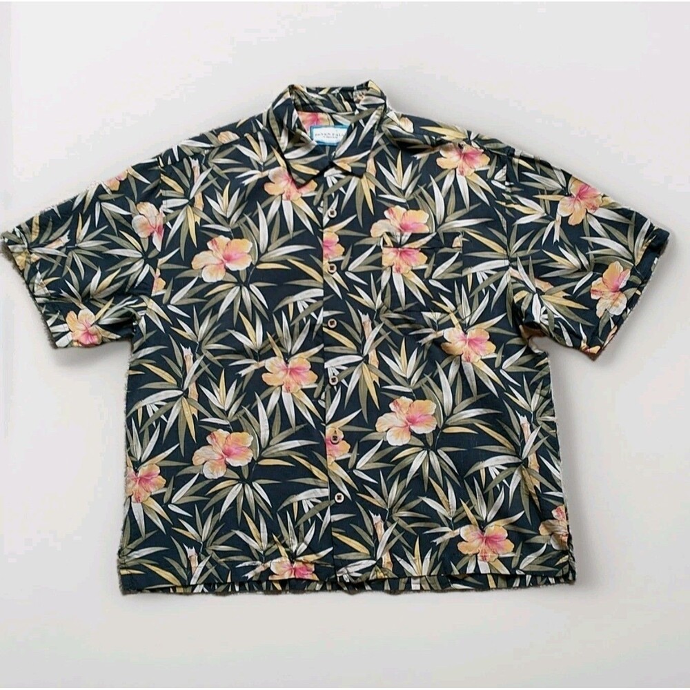 Seven Palm Brand Shirt Mens 2XL Hawaiian Aloha 100% Silk Black Floral Hawaiian
